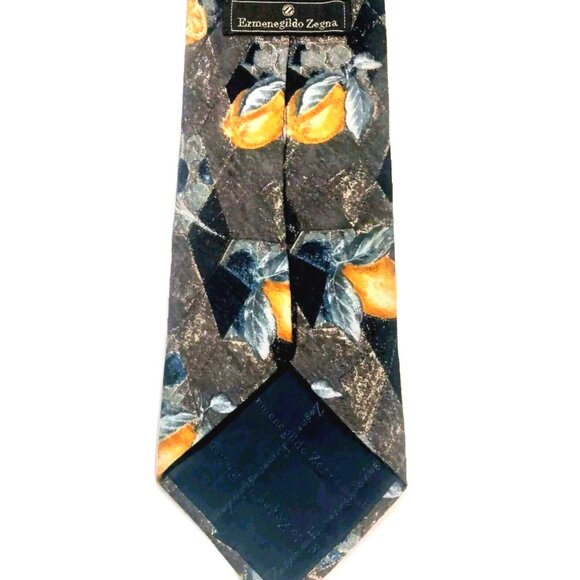 Ermenegildo Zegna Silk Neck Tie Meyer  Lemons Leaves Floral Black Gray Y… - Picture 3 of 6